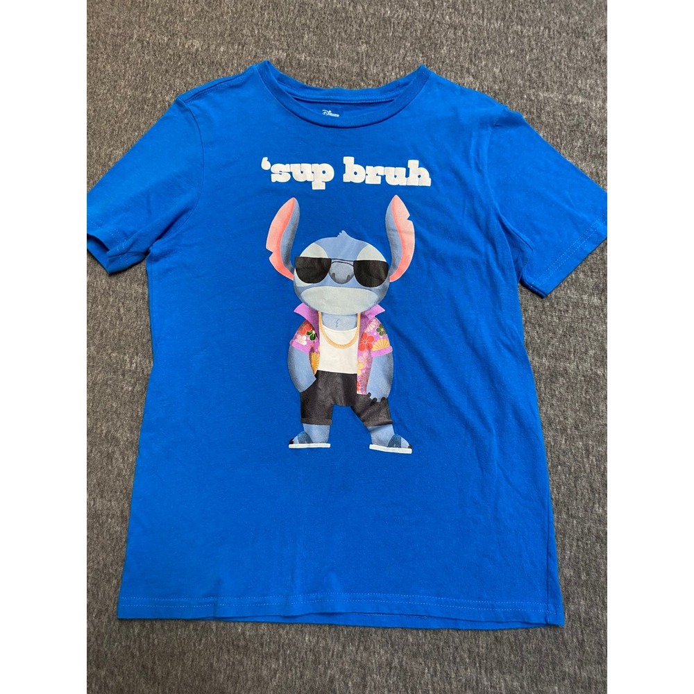 Disney Stitch Sup Bruh Blue Graphic T-Shirt Boys Large 10-12 Cotton Tee